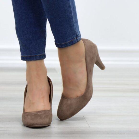 Dark Taupe Suede Round Toe Kitten Low Heel Pumps - Picture 6 of 8